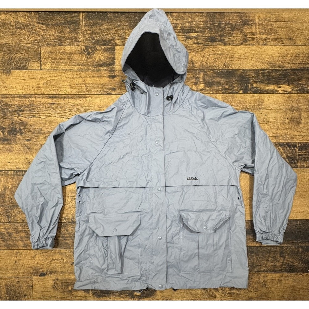 Vintage Cabelas‎ Jacket Womens XL Blue Snap Zip Front Hood Waterproof PVC Rain